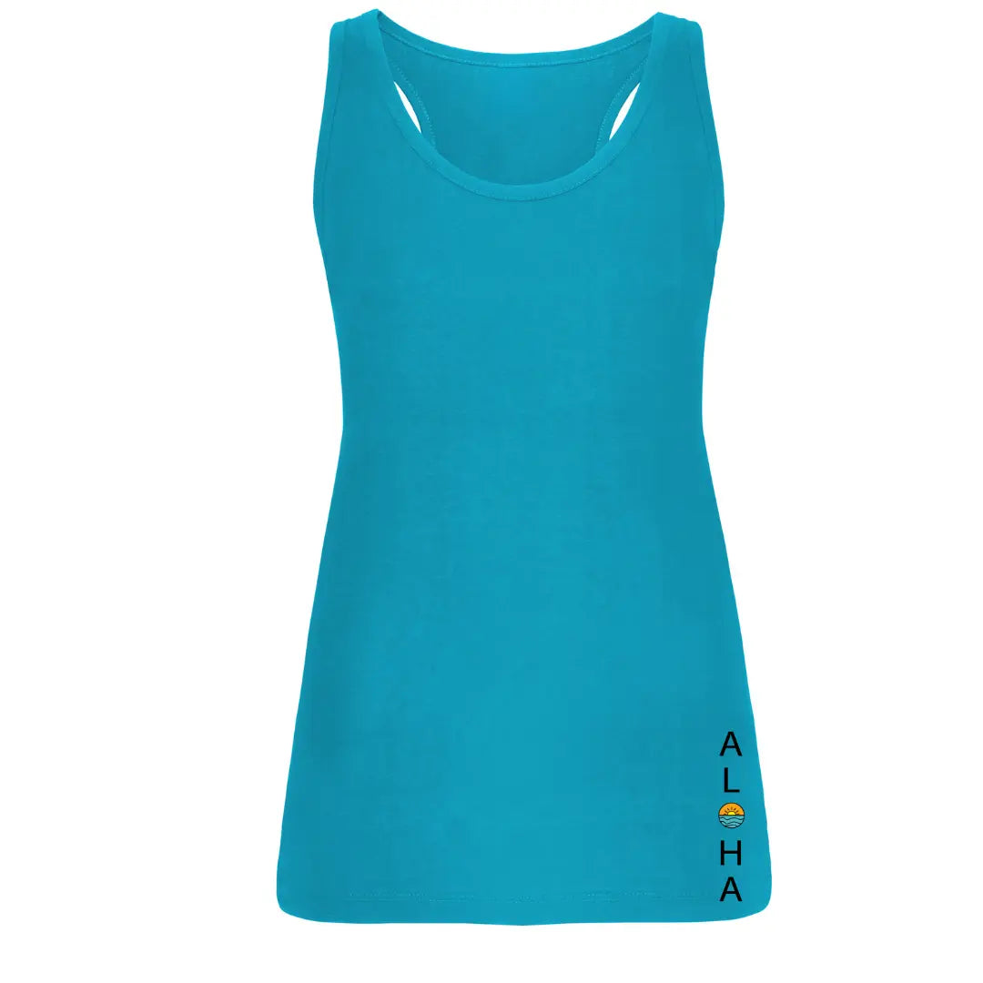 Image d'un débardeur femme surfwear  bleu turquoise avec  un logo en bas à gauche de la marque Alohasurfwear