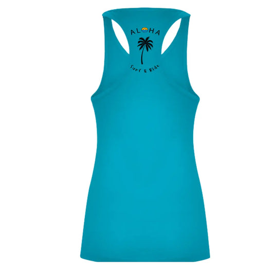 Image d'un débardeur femme surfwear  bleu turquoise avec  un logo palmier dans le dos de la marque Alohasurfwear