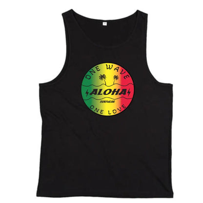 Image d'un debardeur Homme surfwear  noir avec  un logo reggae de la marque Alohasurfwear