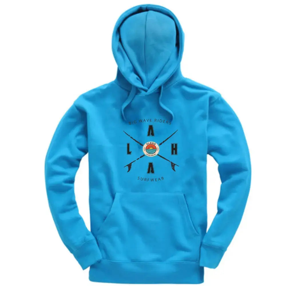 Image d'un sweat à capuche bleu Homme surfwear  avec  un logo avec des surfs en forme de croix de la marque Alohasurfwear