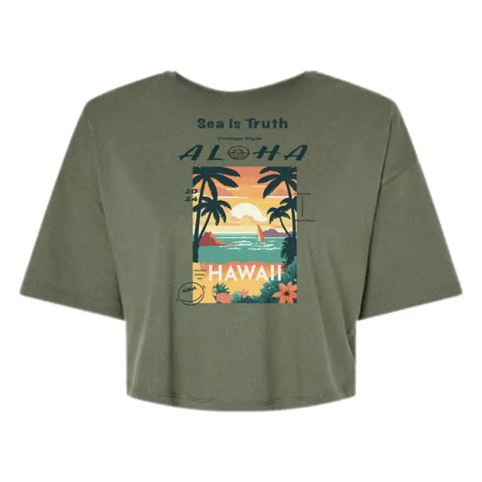 Image d'un T-shirt femme crop top surfwear  kaki avec le logo Honolulu de la marque alohasurfwear