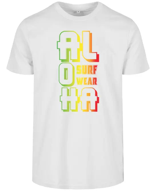 Image d'un T-shirt Homme surfwear  blanc avec  un logo Aloha en couleur reggae de la marque Alohasurfwear