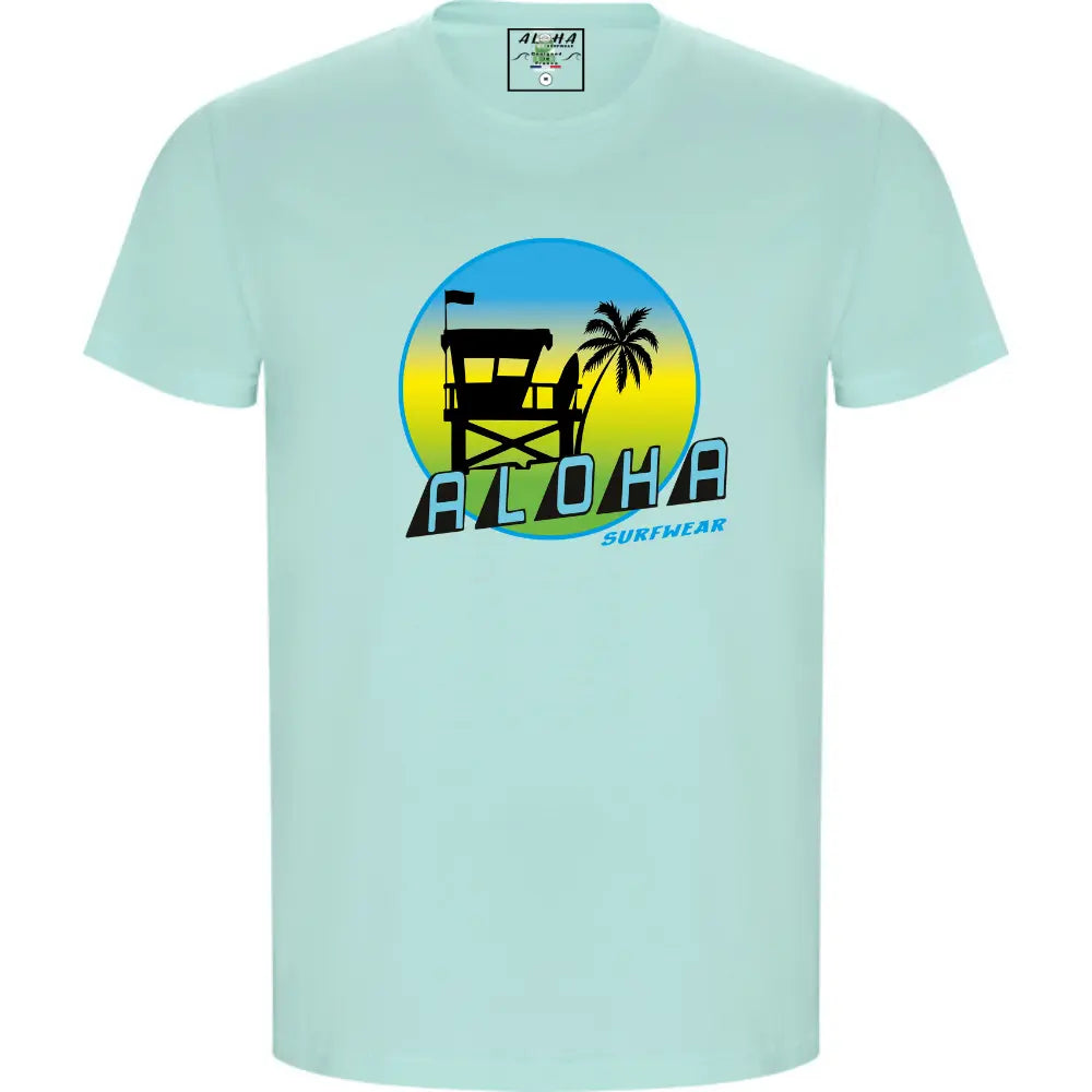 Image d'un T-shirt Homme surfwear  vert d'eau avec le logo Malibu de la marque alohasurfwear