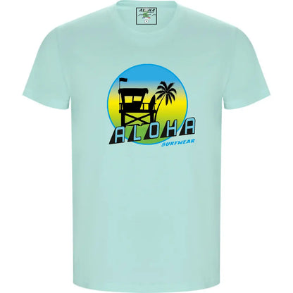 Image d'un T-shirt Homme surfwear  vert d'eau avec le logo Malibu de la marque alohasurfwear