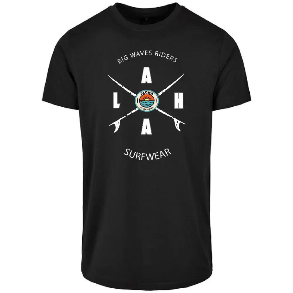 image d'un t-shirt noir unisexe avec le logo surf en forme de croix de couleur blanche  sur le devant au niveau de la poitrine de la marque alohasurfwear