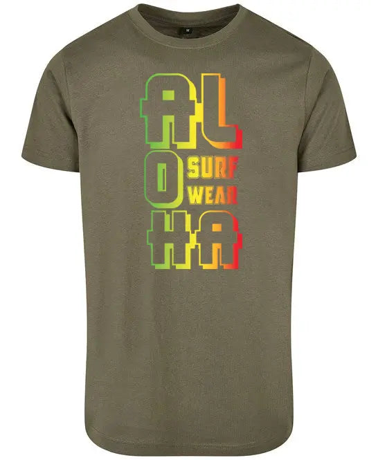 Image d'un T-shirt Homme surfwear  kaki avec  un logo Aloha en couleur reggae de la marque Alohasurfwear