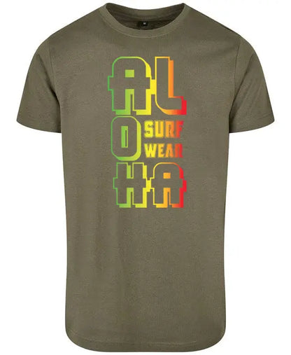 Image d'un T-shirt Homme surfwear  kaki avec  un logo Aloha en couleur reggae de la marque Alohasurfwear