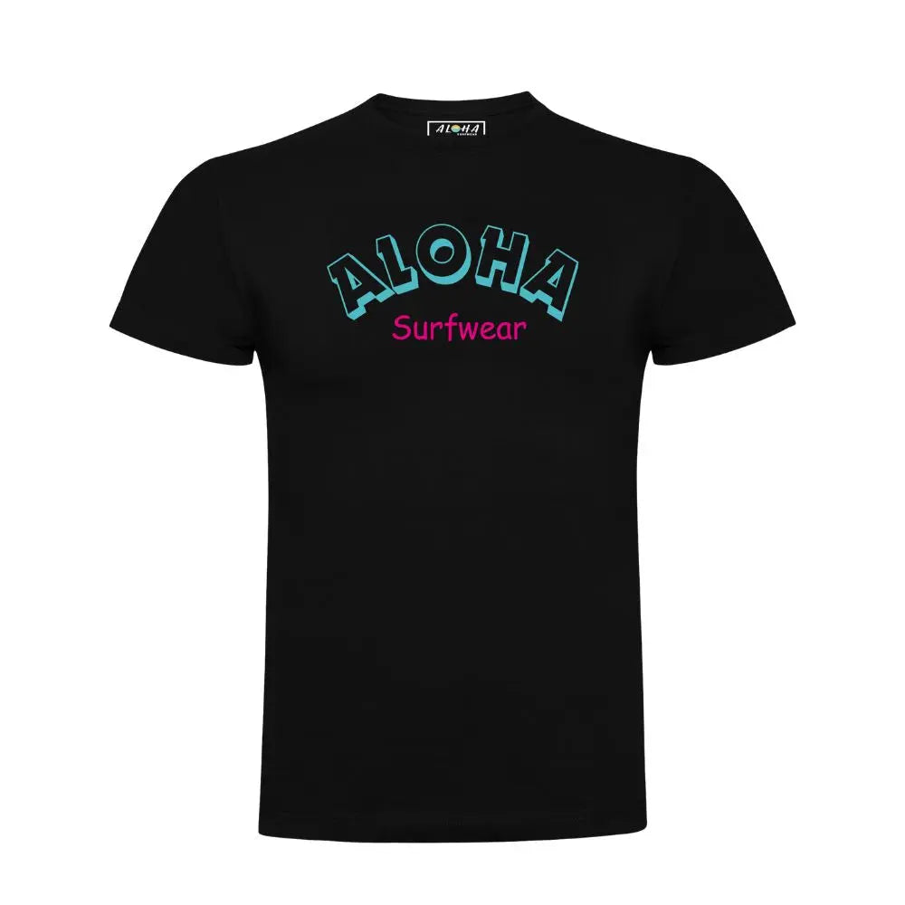 image d'un t-shirt noir surfstyle  avec logo au niveau de la poitrine de couleur bleu ciel et rose de la marque  alohasurfwear