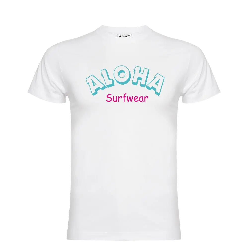 image d'un t-shirt blanc surfstyle San diego avec logo au niveau de la poitrine de couleur bleu ciel et rose de la marque  alohasurfwear