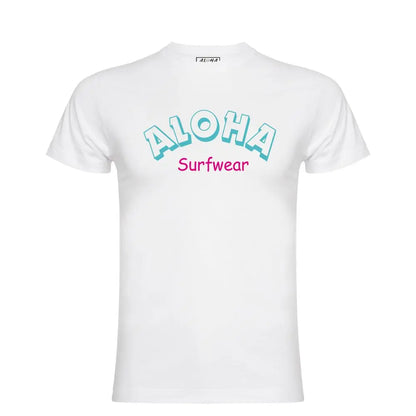 image d'un t-shirt blanc surfstyle San diego avec logo au niveau de la poitrine de couleur bleu ciel et rose de la marque  alohasurfwear