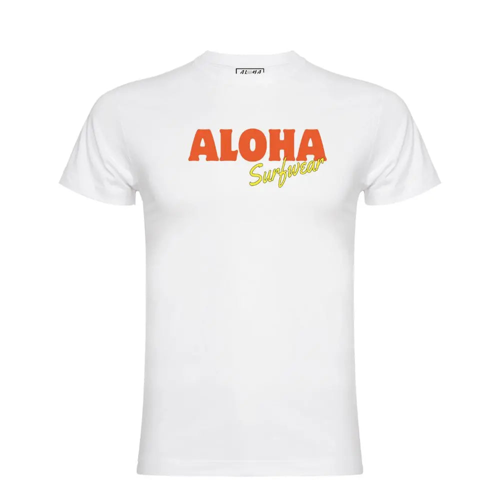 t-shirt unisexe blanc avec logo au niveau de la poitrine de couleur orange et jaune surfstyle LongBeach de la marque alohasurfwear